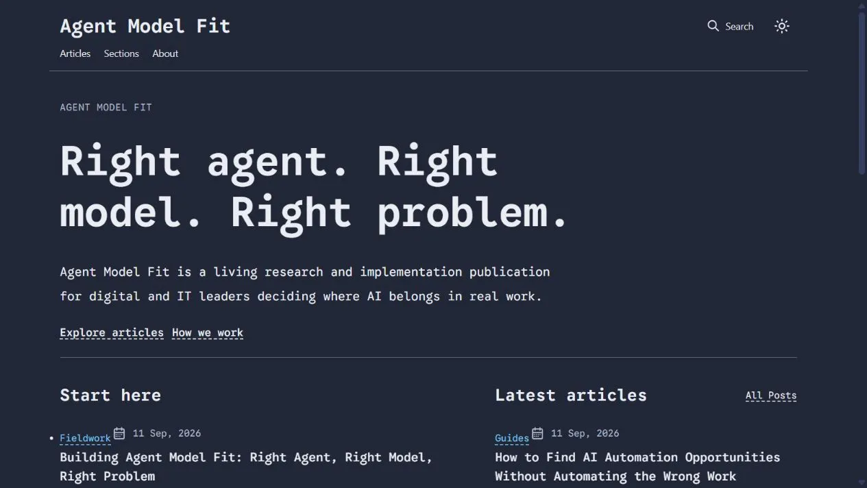 Agent Model Fit homepage showing its purpose and the tagline Right agent. Right model. Right problem.